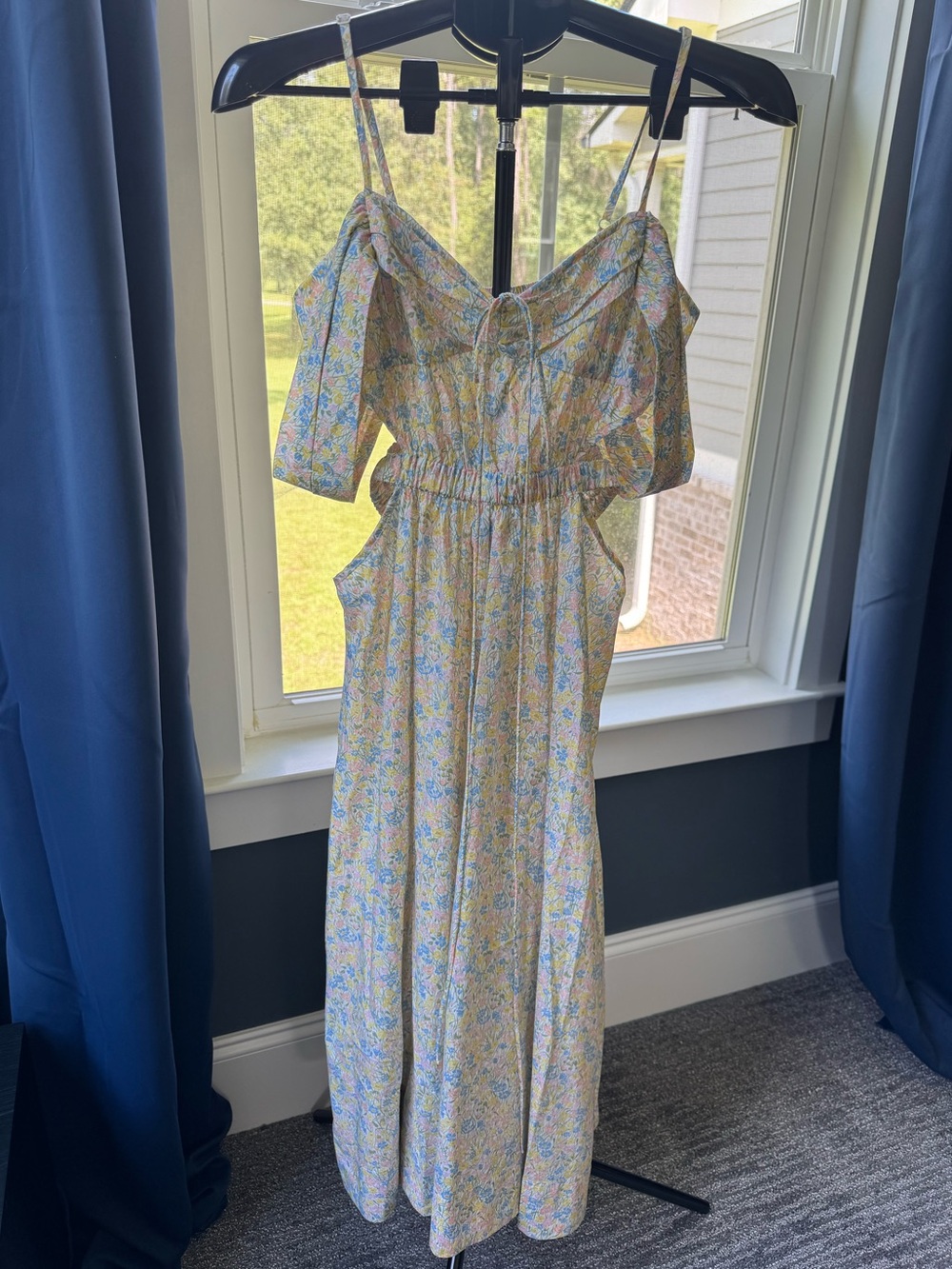 NWT For Love & Lemons Sibylla Cotton Midi Dress Yellow Blue Floral Size Medium